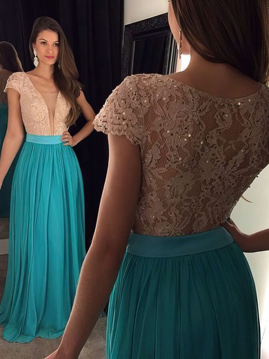 A-line V-neck Lace Chiffon Floor-length Sequins Prom Dresses #Favs020102209