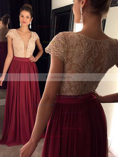 A-line V-neck Lace Chiffon Floor-length Sequins Prom Dresses #Favs020102209
