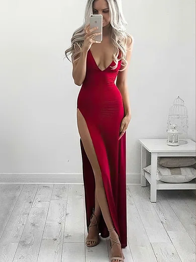 Sheath/Column V-neck Jersey Ankle-length Split Front Prom Dresses #Favs020106254