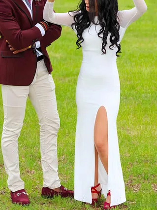 Sheath/Column Scoop Neck Jersey Floor-length Split Front Prom Dresses #Favs020106259