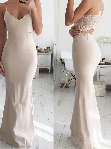 Sheath/Column V-neck Jersey Floor-length Lace Prom Dresses #Favs020106263