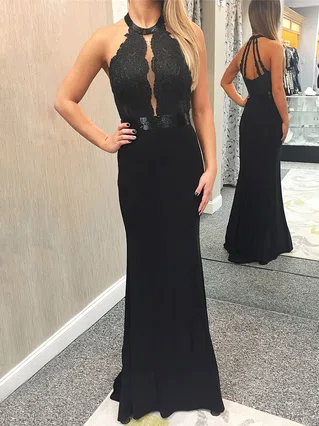 Sheath/Column Scoop Neck Jersey Floor-length Appliques Lace Prom Dresses #Favs020106270