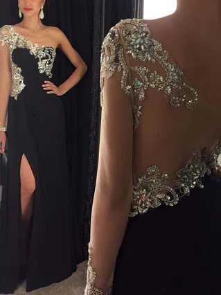 Sheath/Column One Shoulder Chiffon Sweep Train Split Front Prom Dresses #Favs020102230