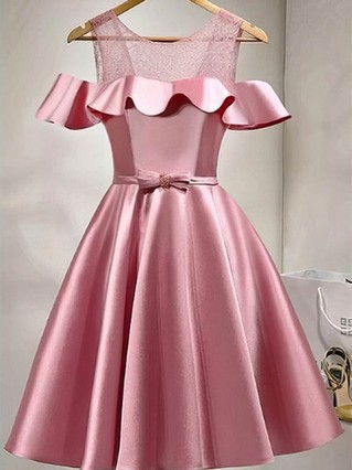 Ball Gown Scoop Neck Lace Satin Knee-length Sashes / Ribbons Short Prom Dresses #Favs020106279