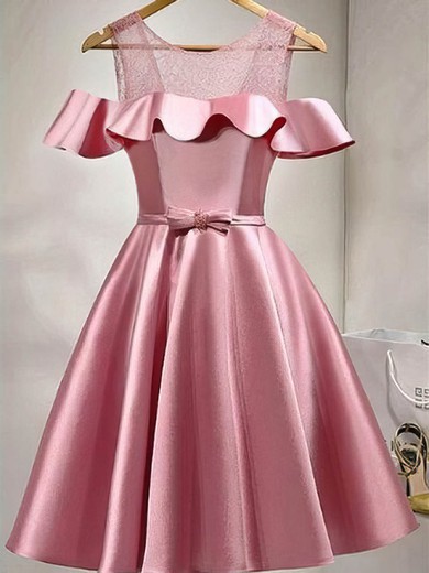 Ball Gown Scoop Neck Lace Satin Knee-length Sashes / Ribbons Prom Dresses #Favs020106279