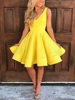 A-line V-neck Satin Short/Mini Short Prom Dresses #Favs020106283 A-line V-neck Satin Short/Mini Short Prom Dresses #Favs020106283