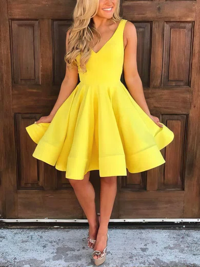 A-line V-neck Satin Short/Mini Short Prom Dresses #Favs020106283