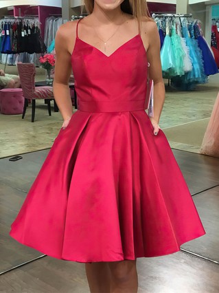 A-line V-neck Satin Short/Mini Bow Short Prom Dresses #Favs020106285 A-line V-neck Satin Short/Mini Bow Short Prom Dresses #Favs020106285
