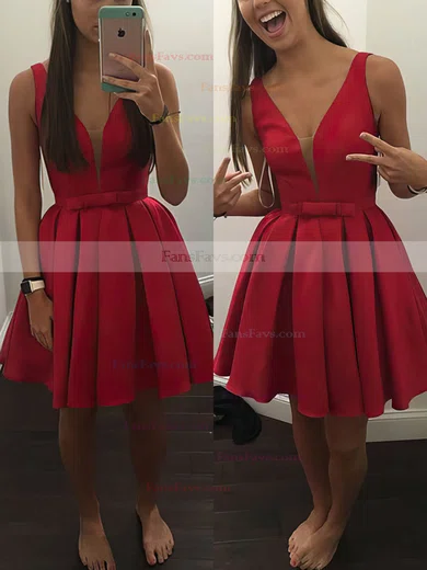 A-line V-neck Satin Short/Mini Bow Short Prom Dresses #Favs020106286
