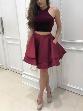 A-line Scoop Neck Satin Velvet Short/Mini Tiered Short Prom Dresses #Favs020106287