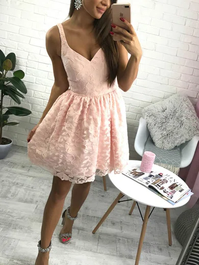 A-line V-neck Lace Short/Mini Lace Short Prom Dresses #Favs020106289