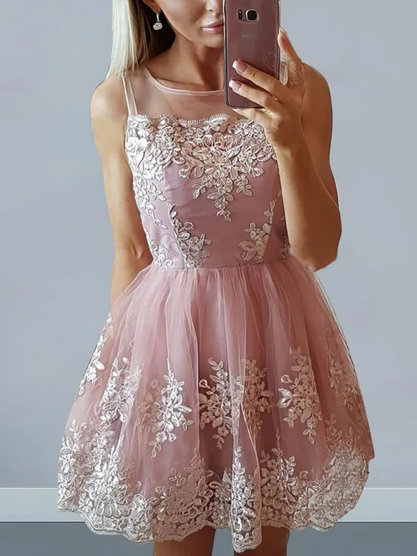 A-line Scoop Neck Tulle Short/Mini Appliques Lace Short Prom Dresses #Favs020106296