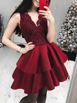 Princess V-neck Lace Satin Short/Mini Tiered Short Prom Dresses #Favs020106297 Princess V-neck Lace Satin Short/Mini Tiered Short Prom Dresses #Favs020106297