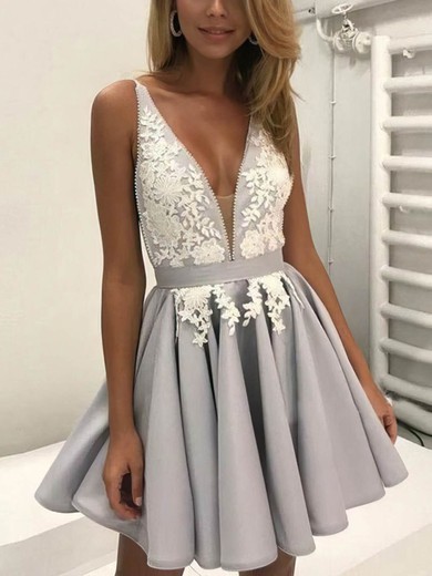 A-line V-neck Satin Short/Mini Lace Short Prom Dresses #Favs020106298