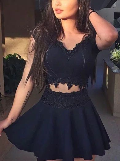 A-line V-neck Satin Short/Mini Appliques Lace Short Prom Dresses #Favs020106300