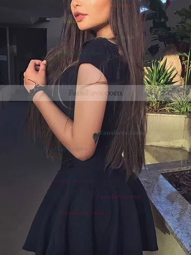 A-line V-neck Satin Short/Mini Appliques Lace Short Prom Dresses #Favs020106300