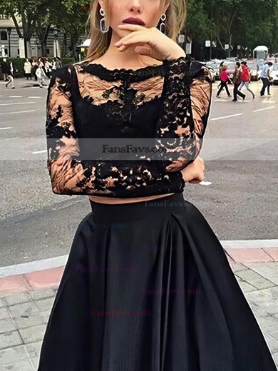 Princess Scoop Neck Lace Satin Floor-length Appliques Lace Prom Dresses #Favs020102335