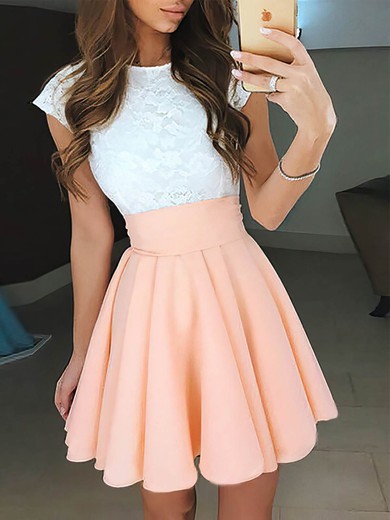 A-line Scoop Neck Chiffon Short/Mini Lace Short Prom Dresses #Favs020106313