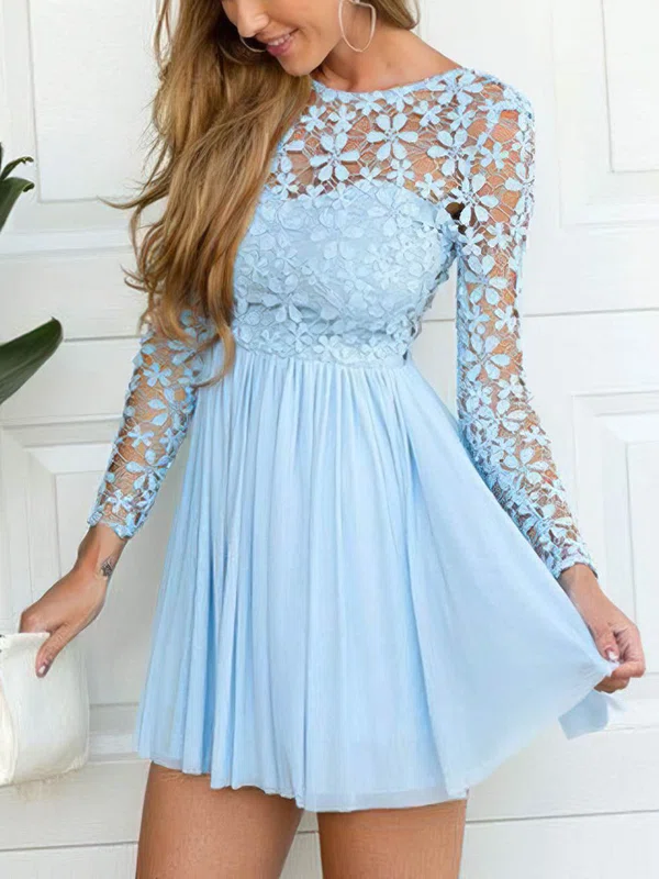 A-line Scoop Neck Lace Chiffon Short/Mini Lace Short Prom Dresses #Favs020106314