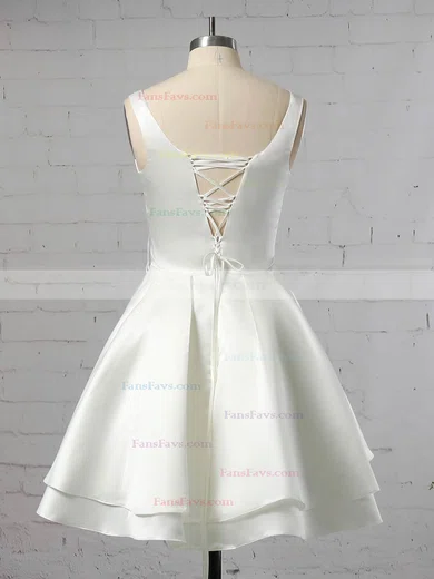 Ball Gown V-neck Satin Short/Mini Tiered Short Prom Dresses #Favs020106318