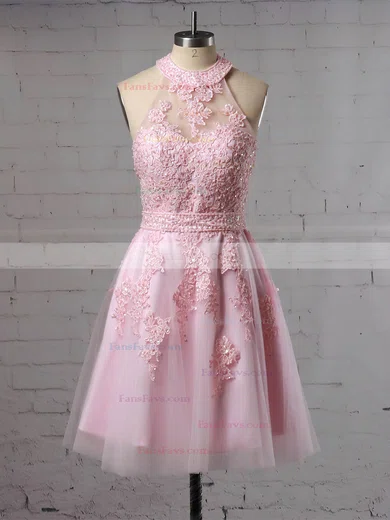 A-line Halter Tulle Short/Mini Beading Short Prom Dresses #Favs020106322