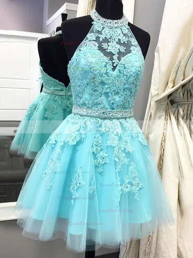 A-line Halter Tulle Short/Mini Beading Short Prom Dresses #Favs020106322