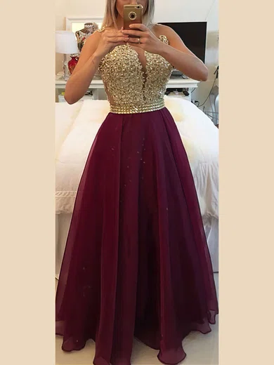 A-line Scoop Neck Chiffon Floor-length Beading Prom Dresses #Favs020102385