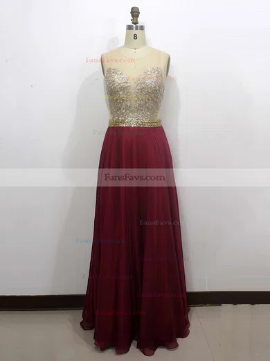 A-line Scoop Neck Chiffon Floor-length Beading Prom Dresses #Favs020102385