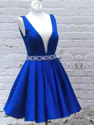 A-line V-neck Satin Short/Mini Beading Short Prom Dresses #Favs020106323 A-line V-neck Satin Short/Mini Beading Short Prom Dresses #Favs020106323