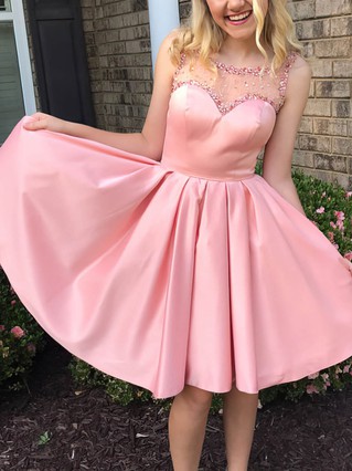 A-line Scoop Neck Satin Tulle Short/Mini Beading Short Prom Dresses #Favs020106324 A-line Scoop Neck Satin Tulle Short/Mini Beading Short Prom Dresses #Favs020106324