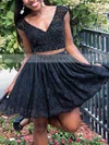 A-line V-neck Lace Short/Mini Beading Short Prom Dresses #Favs020106329