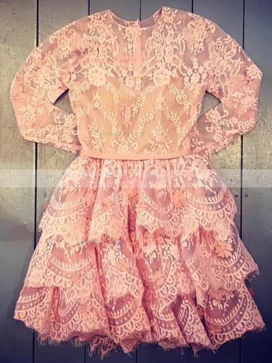 A-line Scoop Neck Lace Short/Mini Sashes / Ribbons Short Prom Dresses #Favs020106331