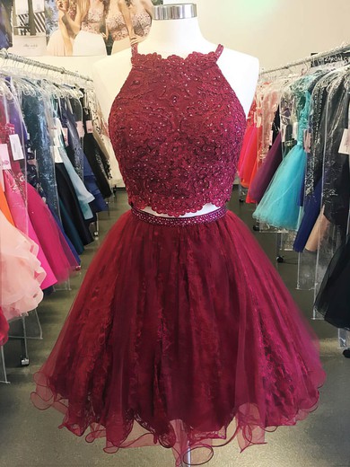 Princess Halter Lace Tulle Short/Mini Beading Prom Dresses #Favs020106333