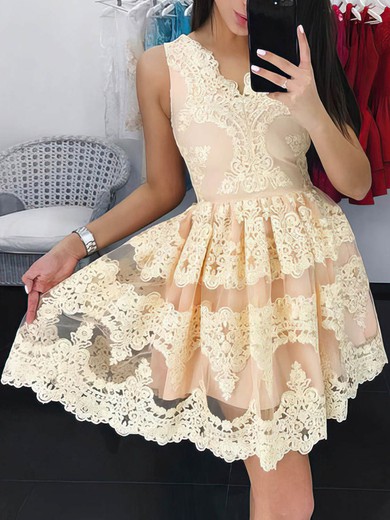 A-line V-neck Lace Short/Mini Short Prom Dresses #Favs020106334