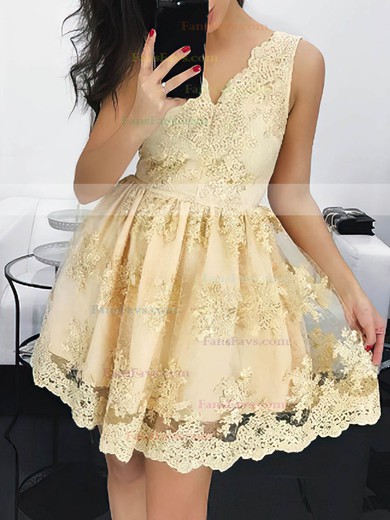 A-line V-neck Lace Short/Mini Short Prom Dresses #Favs020106334