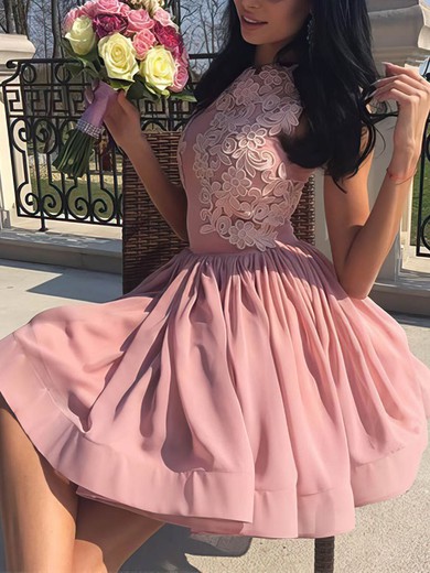 A-line Scoop Neck Silk-like Satin Short/Mini Appliques Lace Prom Dresses #Favs020106335