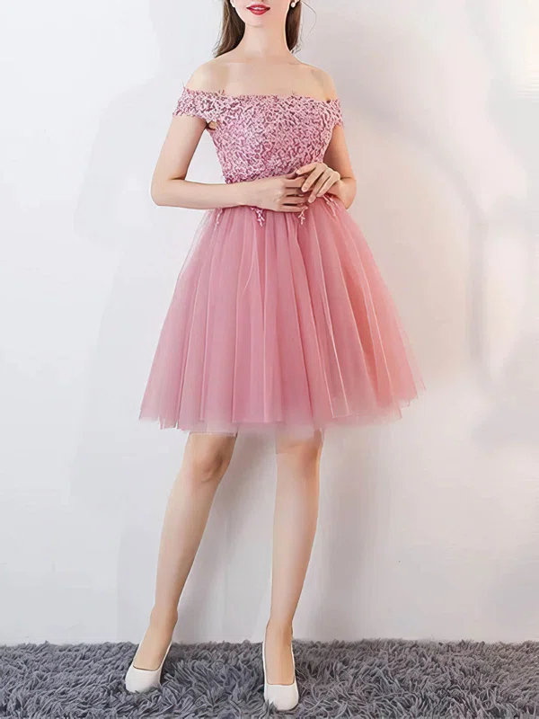 A-line Off-the-shoulder Tulle Short/Mini Appliques Lace Short Prom Dresses #Favs020106336