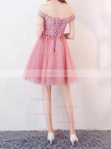 A-line Off-the-shoulder Tulle Short/Mini Appliques Lace Short Prom Dresses #Favs020106336