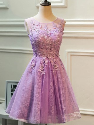 A-line Scoop Neck Lace Tulle Knee-length Beading Short Prom Dresses #Favs020106337 A-line Scoop Neck Lace Tulle Knee-length Beading Short Prom Dresses #Favs020106337
