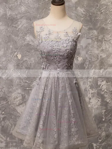 A-line Scoop Neck Lace Tulle Knee-length Beading Short Prom Dresses #Favs020106337