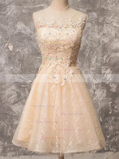 A-line Scoop Neck Lace Tulle Knee-length Beading Short Prom Dresses #Favs020106337
