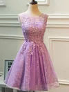 A-line Scoop Neck Lace Tulle Knee-length Beading Short Prom Dresses #Favs020106337