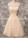 A-line Scoop Neck Lace Tulle Knee-length Beading Prom Dresses #Favs020106337
