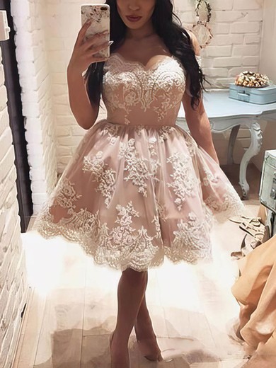 Ball Gown Off-the-shoulder Tulle Short/Mini Appliques Lace Short Prom Dresses #Favs020106339