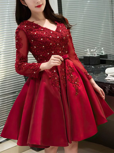 Princess V-neck Satin Tulle Short/Mini Appliques Lace Short Prom Dresses #Favs020106340