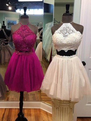 A-line Halter Lace Tulle Short/Mini Beading Short Prom Dresses #Favs020106342 A-line Halter Lace Tulle Short/Mini Beading Short Prom Dresses #Favs020106342