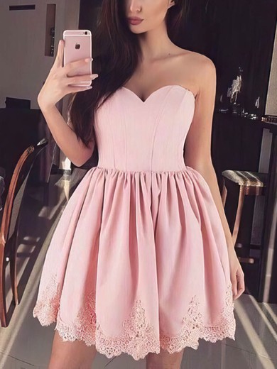 A-line Sweetheart Silk-like Satin Short/Mini Appliques Lace Short Prom Dresses #Favs020106343
