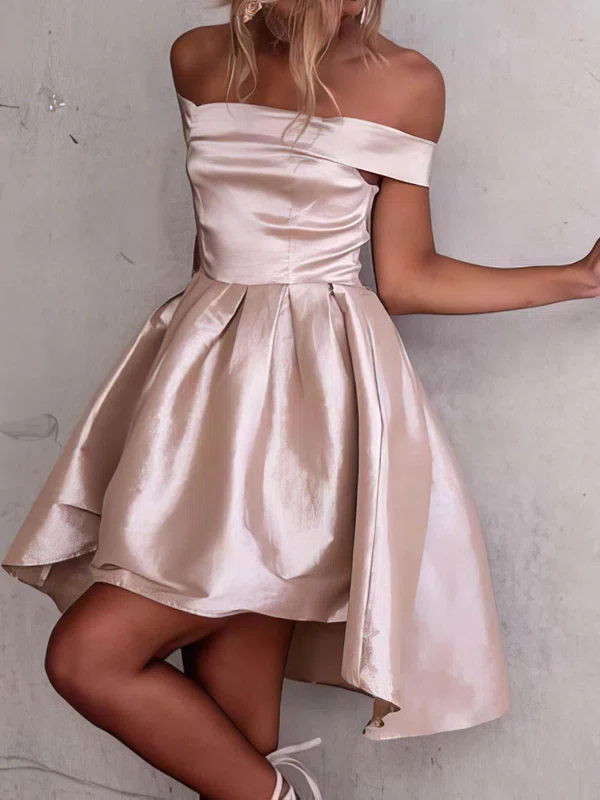 A-line Off-the-shoulder Satin Asymmetrical Ruffles Short Prom Dresses #Favs020106345