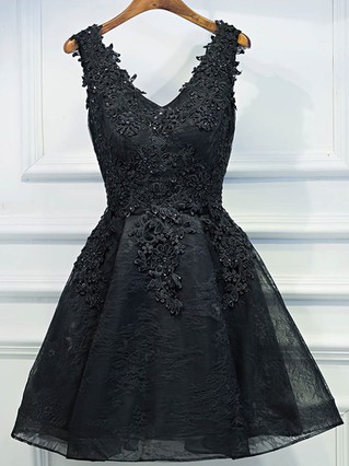 A-line V-neck Lace Short/Mini Appliques Lace Short Prom Dresses #Favs020106346