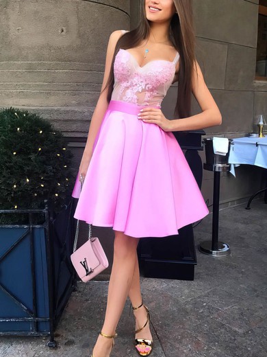 A-line V-neck Satin Tulle Short/Mini Appliques Lace Prom Dresses #Favs020106348